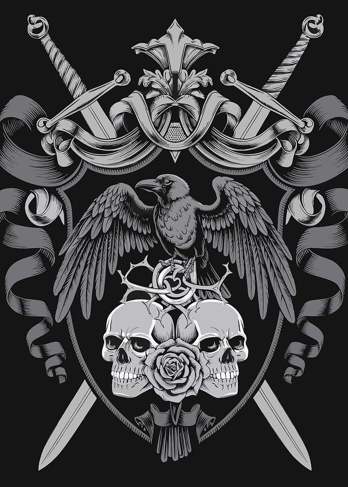 Medieval Raven Skull Crest - Gothic Raven