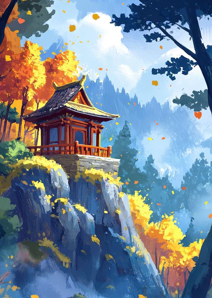 Autumn Temple on Cliff