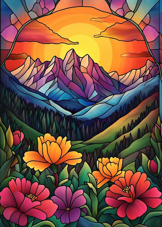 Mountain Sunset Stained Glass