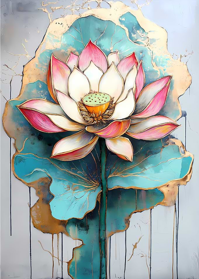 Lotus Flower Painting Golden Green
