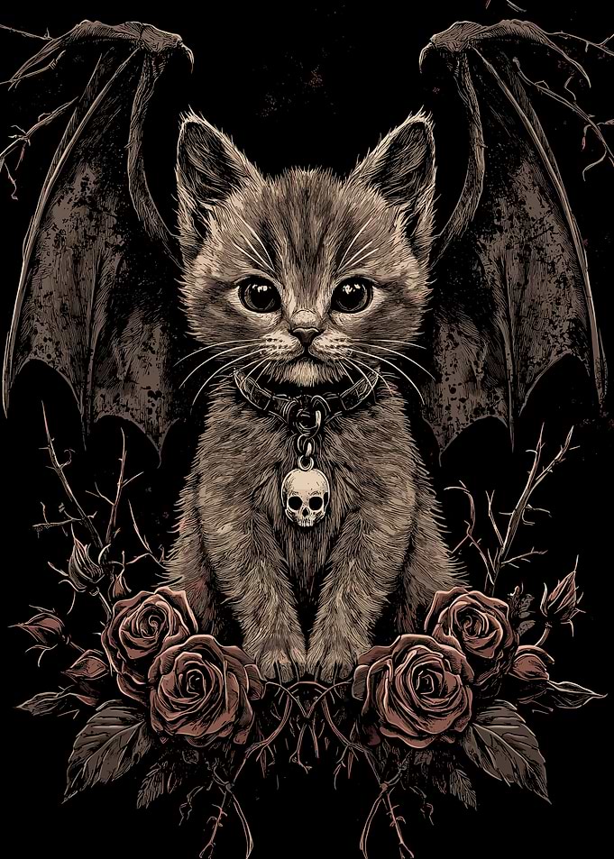 Dark Gothic Kitten with Wings