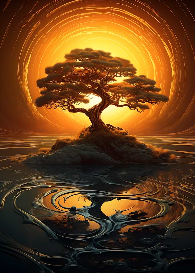 Lonely Tree in Golden Sky