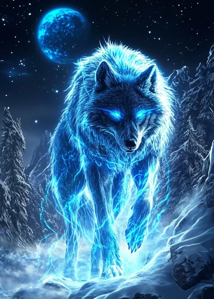 Electric Wolf in Snowy Landscape