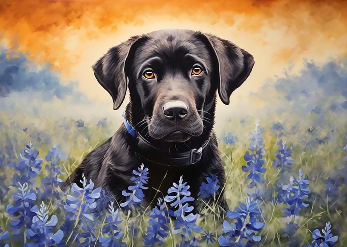 Black Labrador in Bluebonnets