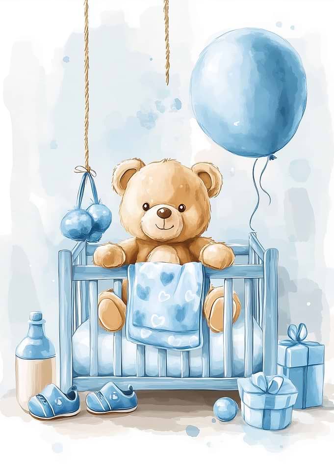 Teddy Bear sitting in blue baby cot