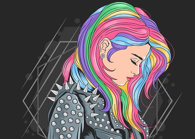 Rainbow Hair Punk Girl night party rocker