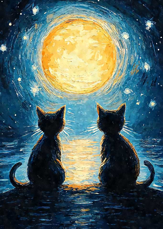 Cats Moon Starry Night