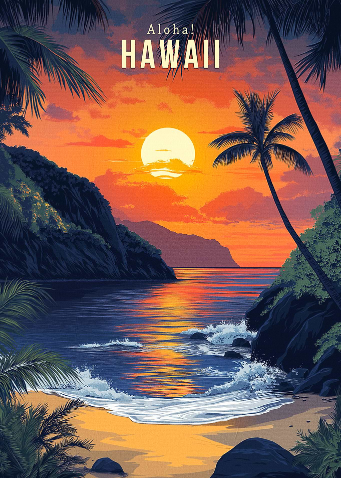 Hawaii Sunset Vintage Travel Poster