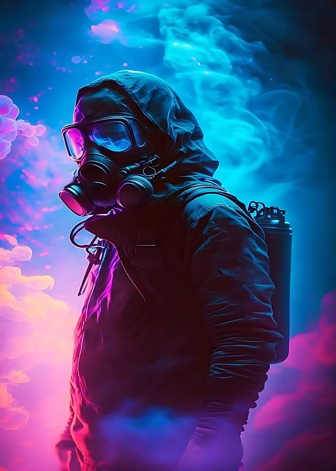 Gas Mask Figure in Neon Light
