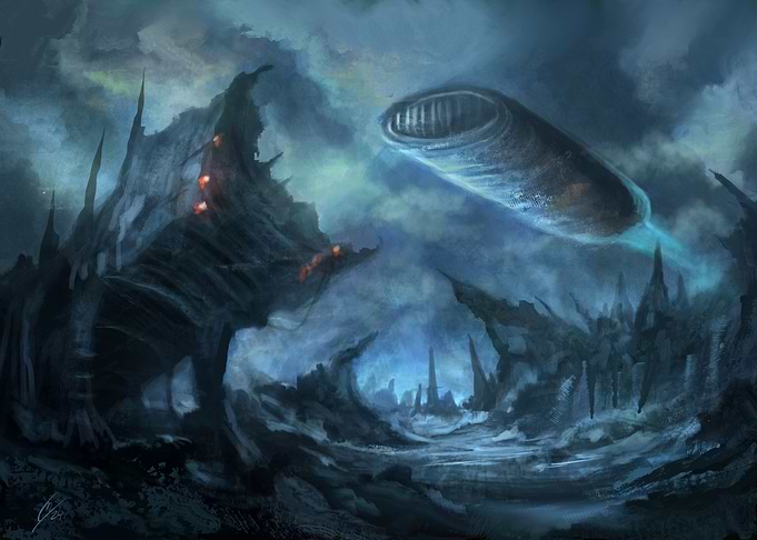 Alien Spaceship Over Desolate Landscape