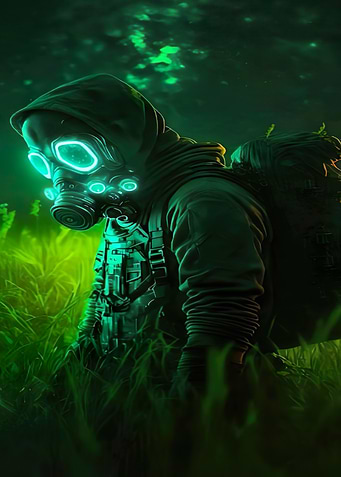 Gas Mask Figure in Green Field