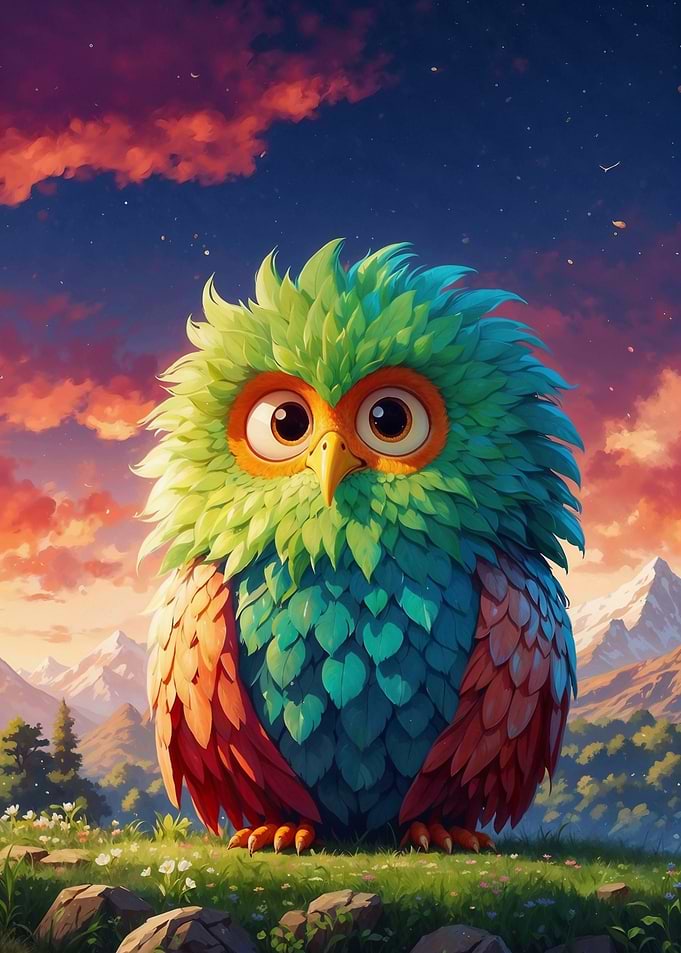 Colorful Owl in Mountain Landscape