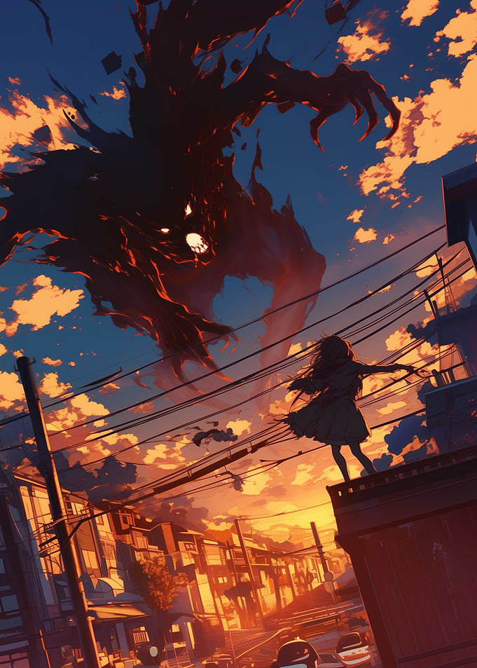 Anime Girl Facing Monster
