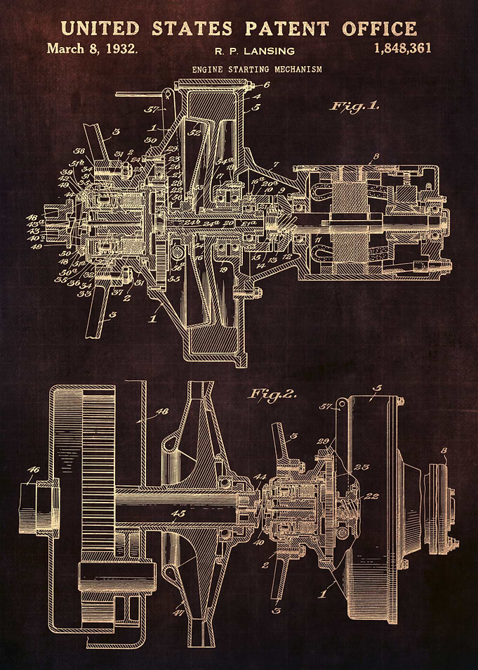 Patent 1932 Engine Starting mechanism Poster Print Engine Blueprint Garage Workshop Art