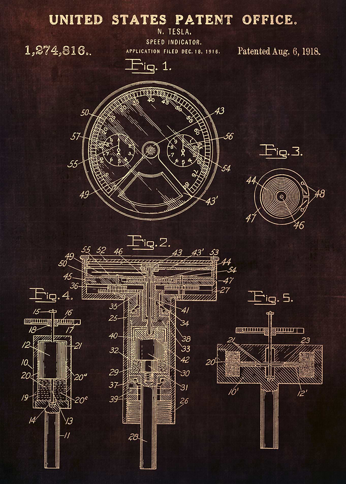 NIKOLA TESLA US PATENT 1274816 SPEED INDICATOR