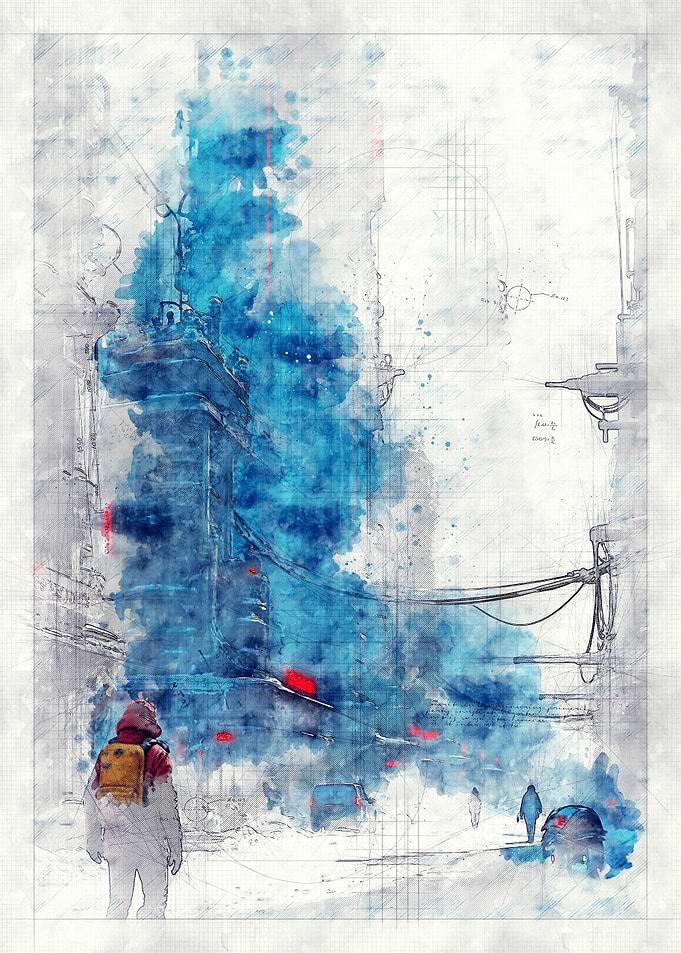 Blue Cityscape Watercolor