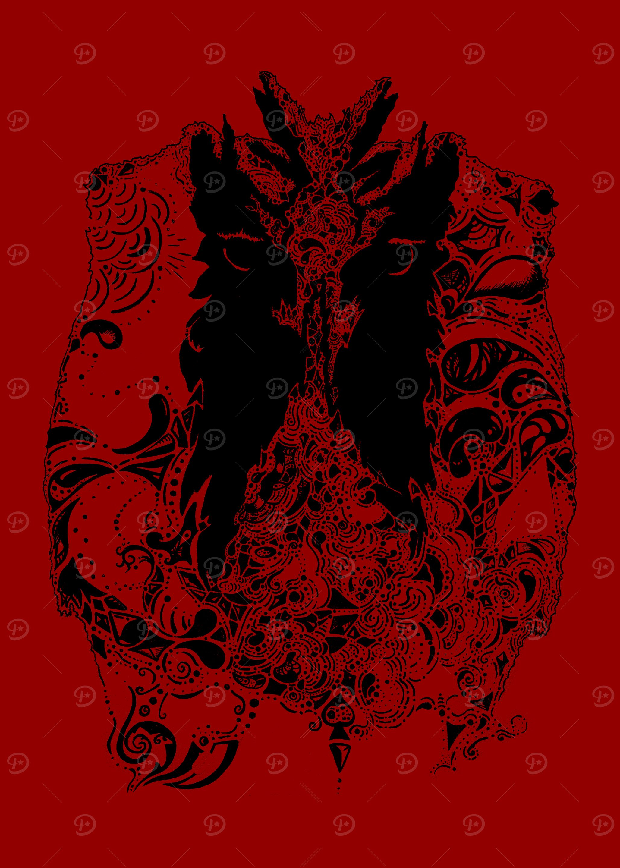 Black Abstract Owl Against Red Background