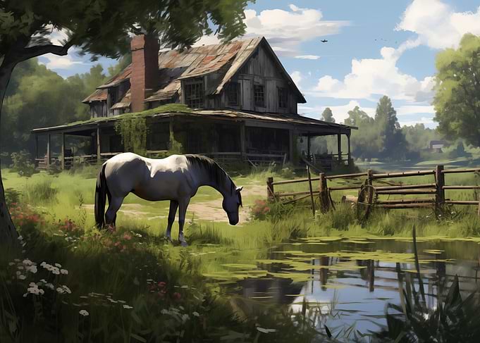 Horse by Rustic Farmhouse