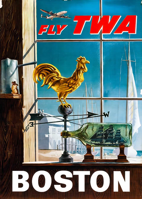 TWA Fly Boston Poster — retro travel art printed on metal