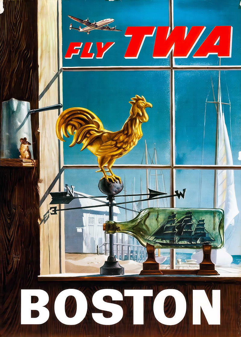 TWA Fly Boston Poster — retro travel art printed on metal