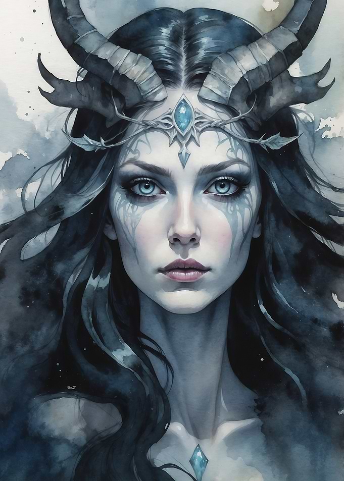 Watercolor Demoness Portrait