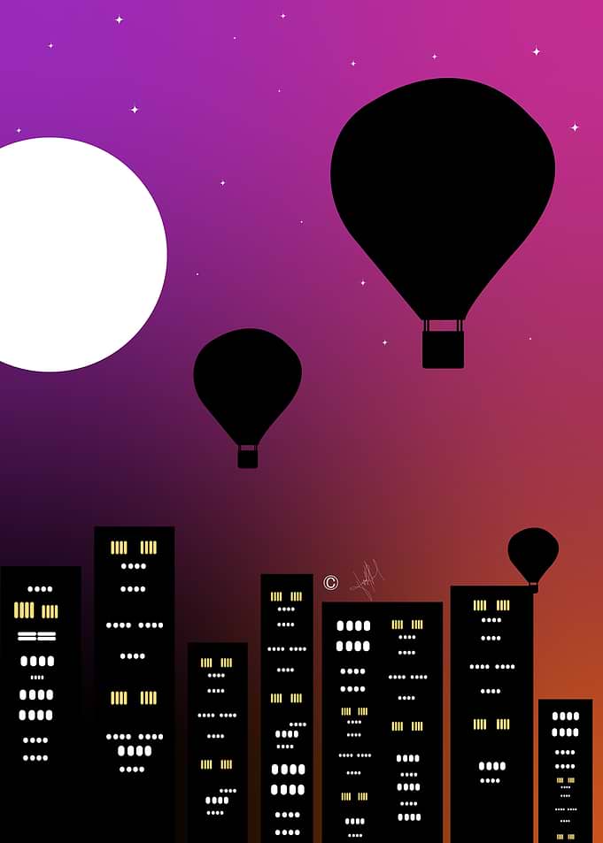 Hot Air Balloons Over Cityscape