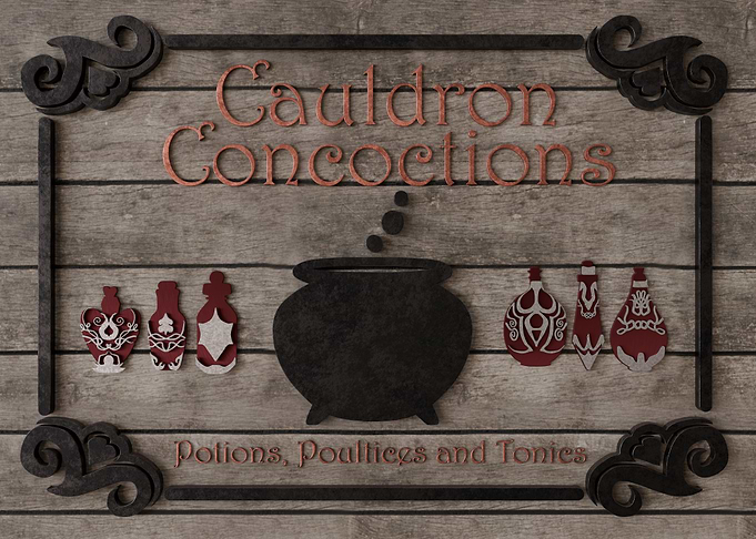 'Cauldron Concoctions' 3D Rendered Fantasy Potions Shop Sign
