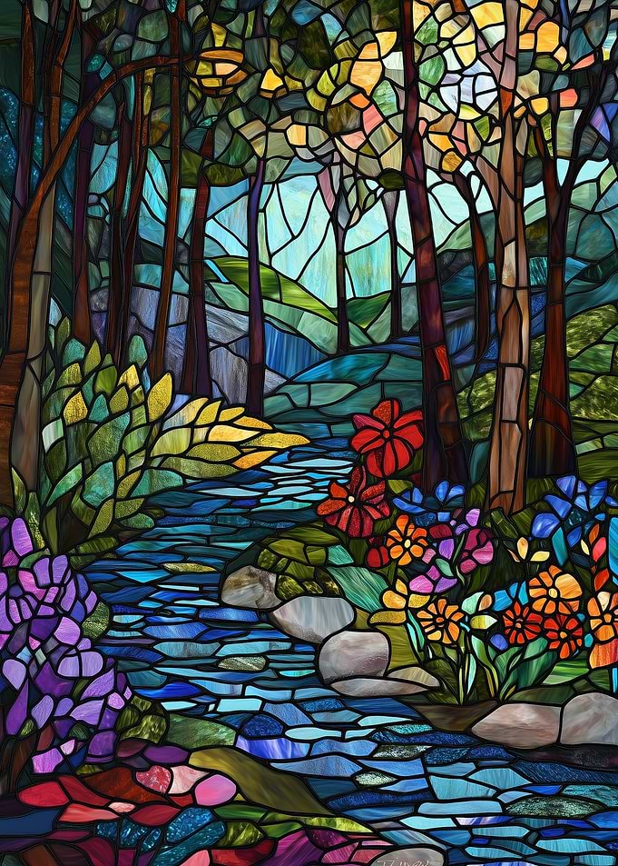 Stained Glass Forest Stream