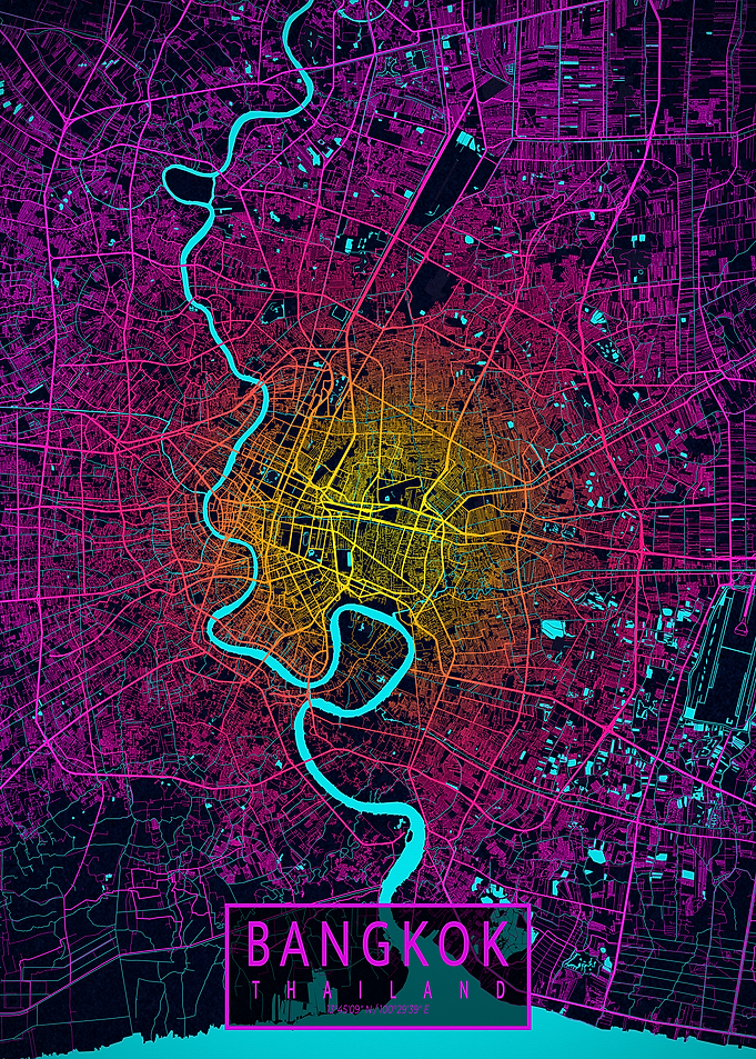 Bangkok City Map Thailand Neon