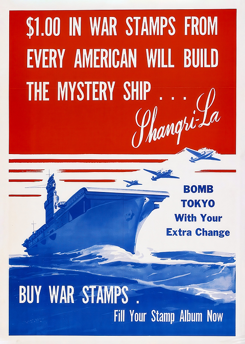War Stamps Build Shangri-La — vintage poster restored on metal