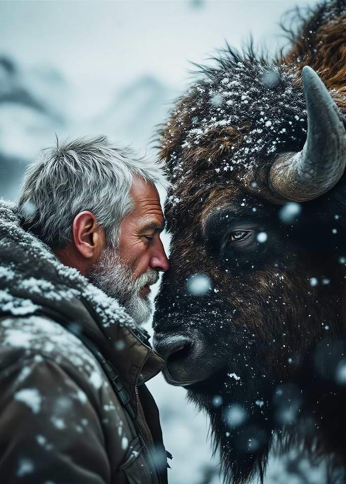 Man and Bison Under the Snow, Winter Wildlife