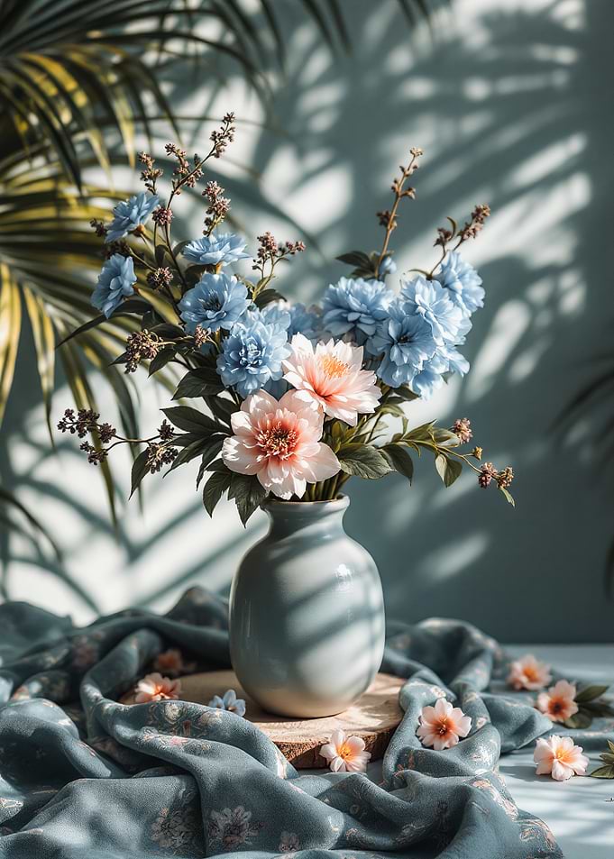 Pale Blue Floral Arrangement in Ceramic Vase, Boho Chic, Pattern, Pink Yellow Green