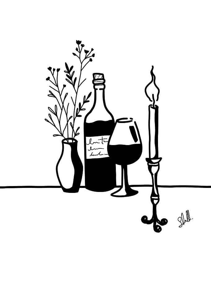 Wine, Candle, and Flowers
