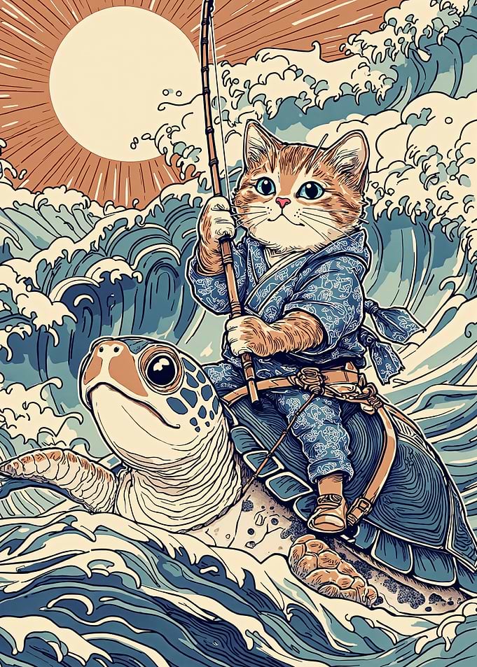 Cat Riding Turtle on Waves