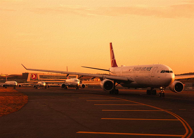 Turkish Airlines fleet at golden dusk