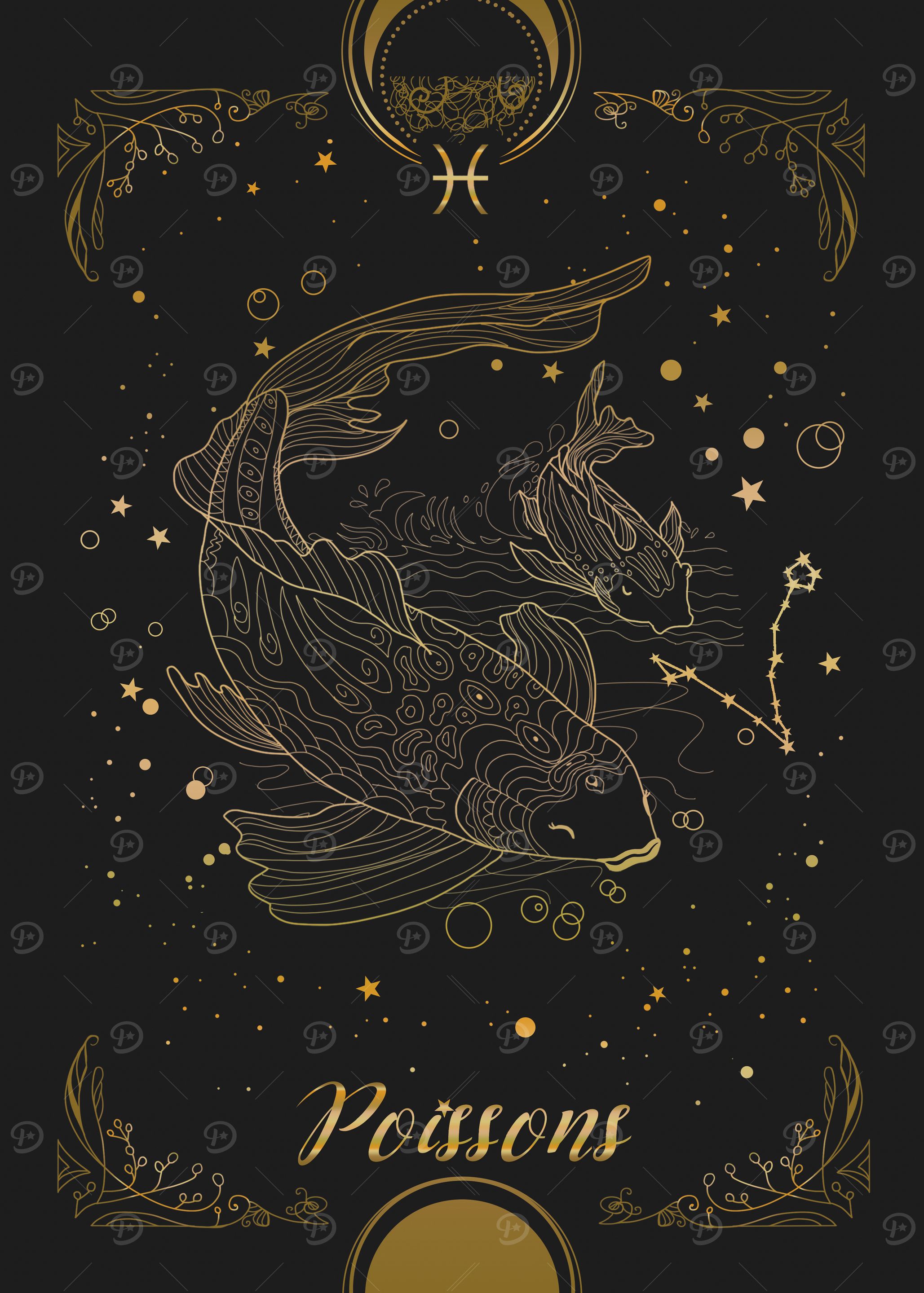 Pisces Gold Zodiac Sign Art
