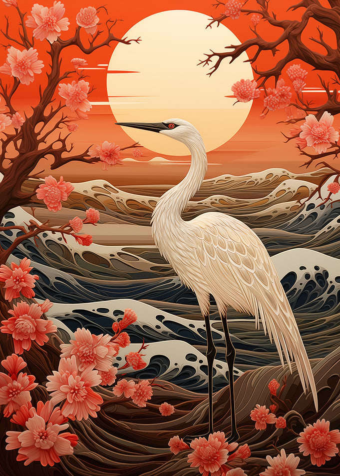 White Crane in Cherry Blossom