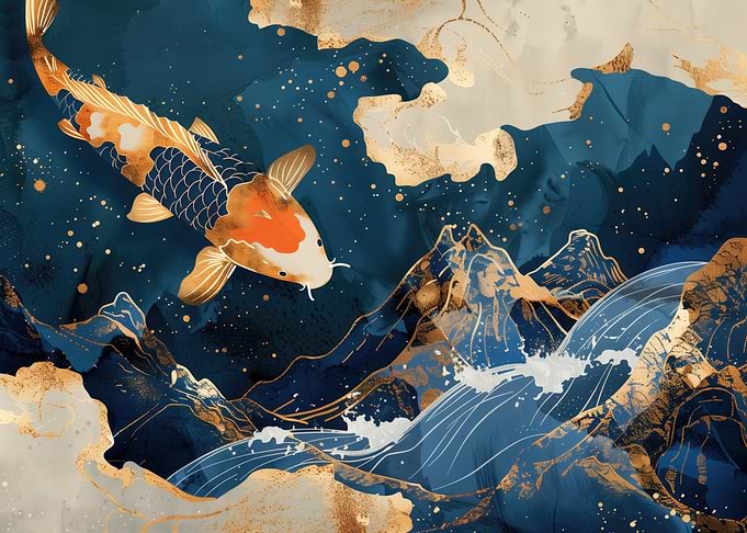 Koi Fish and Mountains Kintsugi Art