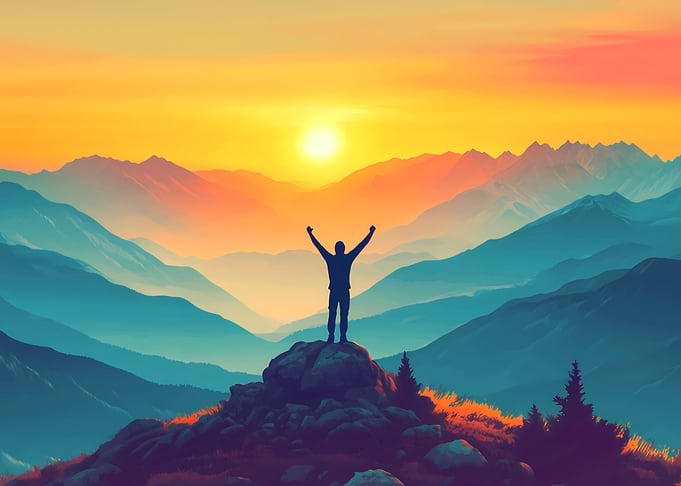 Man on Mountaintop at Sunset
