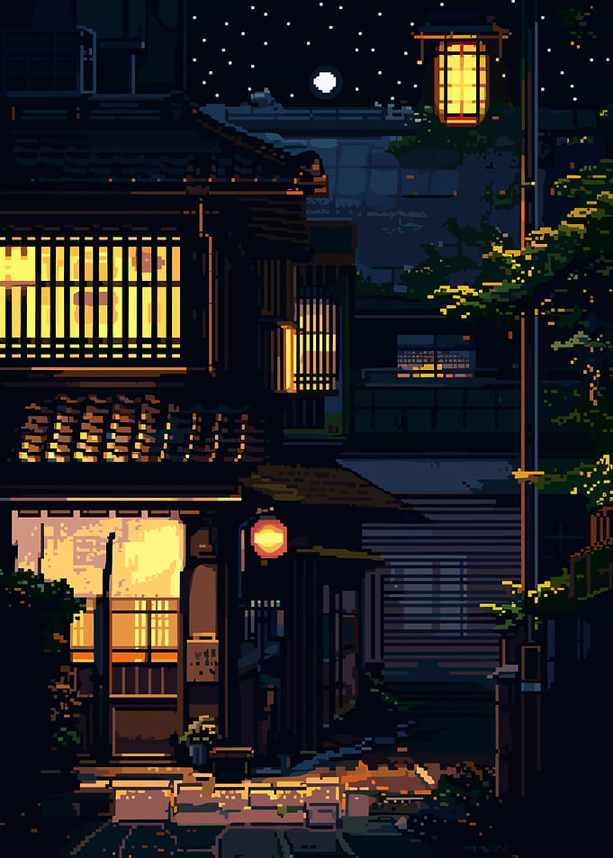 Vintage Japanese Village at Night Pixel Art