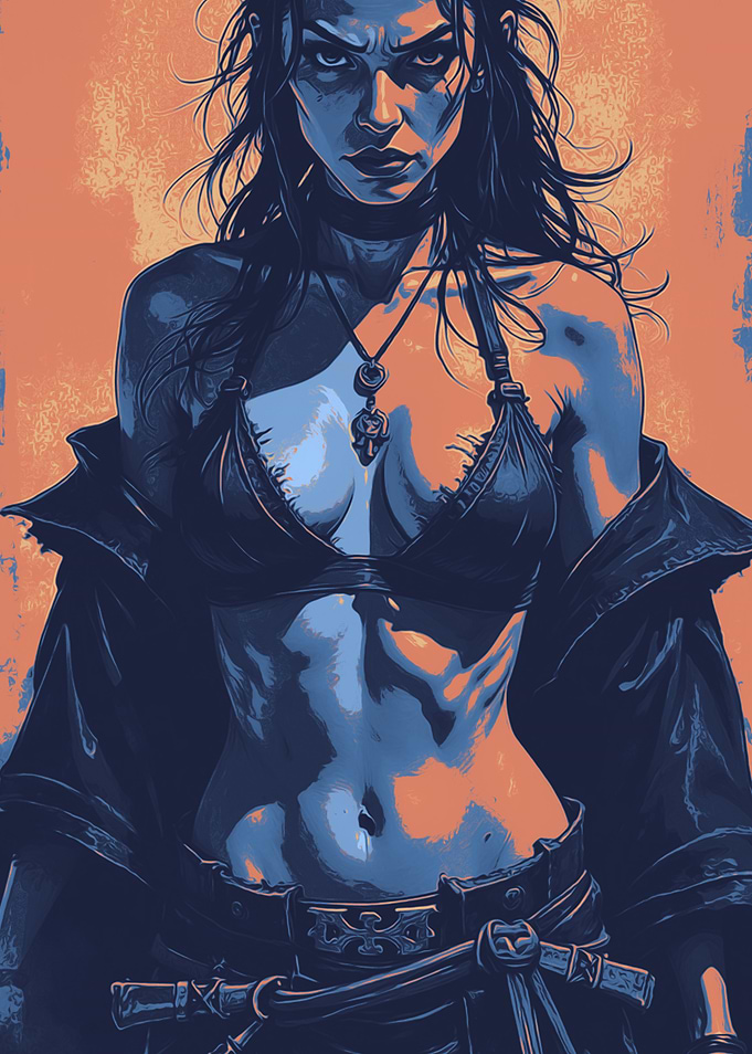 Dark-Haired Woman in Blue and Orange