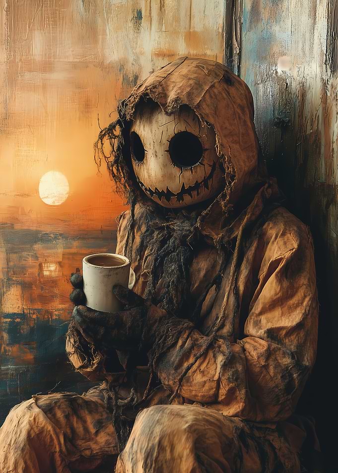 Creepy Scarecrow with Coffee