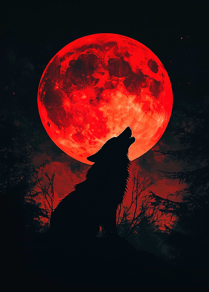 Wolf Howling at Blood Moon