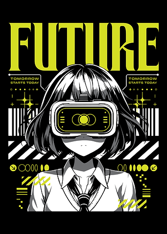 Anime girl poster with kawaii cute on y2k, cyberpunk, future, virtual reality, retro futuristic style. Tokyo Japan cute anime girl. Anime girl posters graphic y2k illustration.