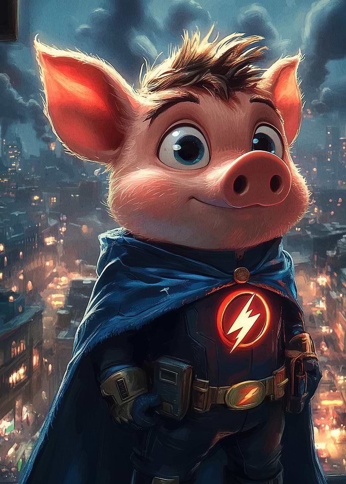 Pig Superhero in Cityscape