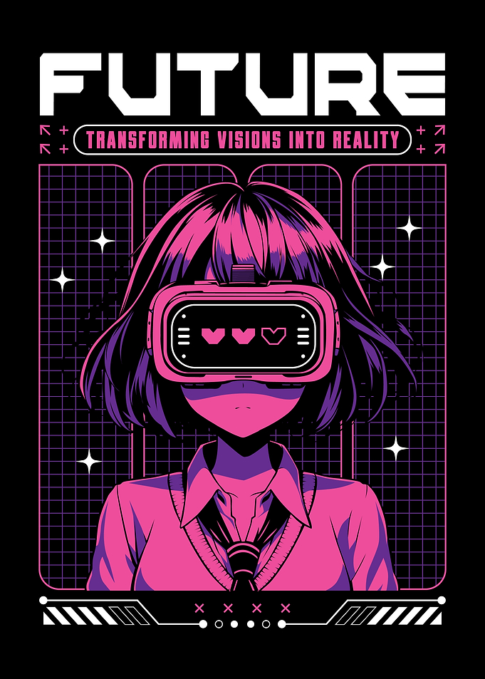 Anime girl poster with kawaii cute on y2k, cyberpunk, future, virtual reality, retro futuristic style. Tokyo Japan cute anime girl. Anime girl posters graphic y2k illustration.
