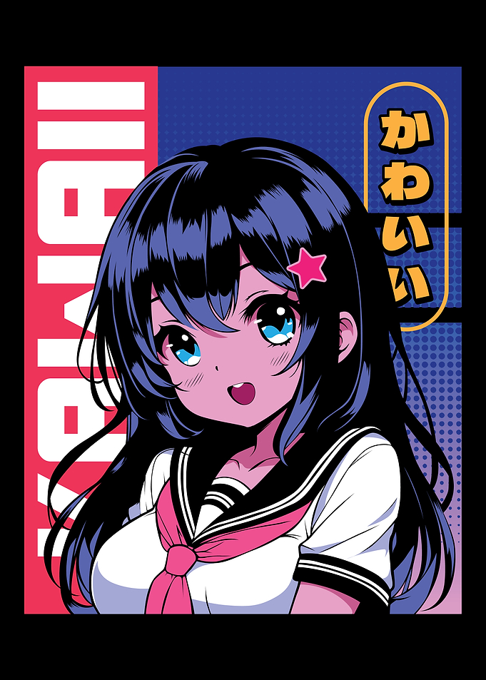 Anime girl poster with kawaii cute on y2k, cyberpunk, future, virtual reality, retro futuristic style. Tokyo Japan cute anime girl. Anime girl posters graphic y2k illustration.