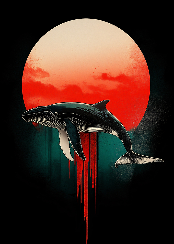 Whale Silhouette with Red Sun