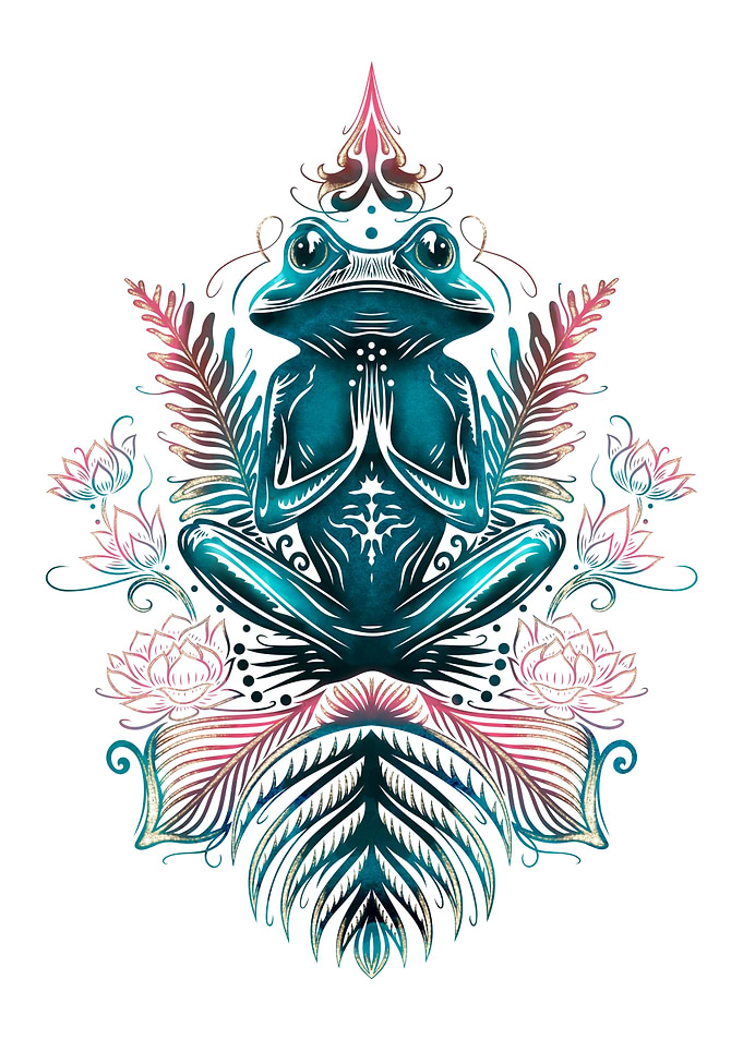Yoga Frog - Meditating Frog with Lotus Flowers