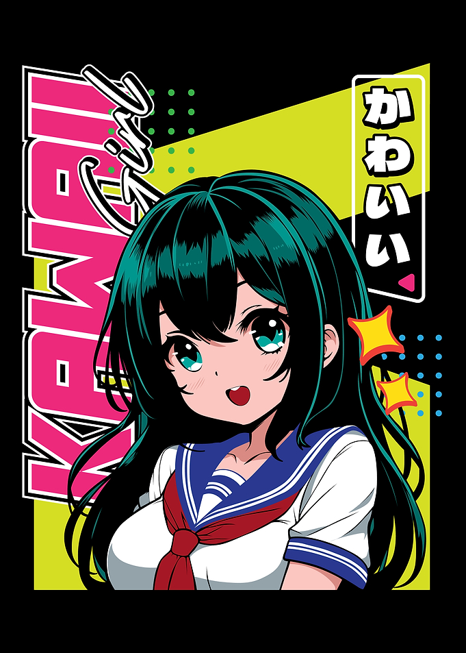 Anime girl poster with kawaii cute on y2k, cyberpunk, future, virtual reality, retro futuristic style. Tokyo Japan cute anime girl. Anime girl posters graphic y2k illustration.